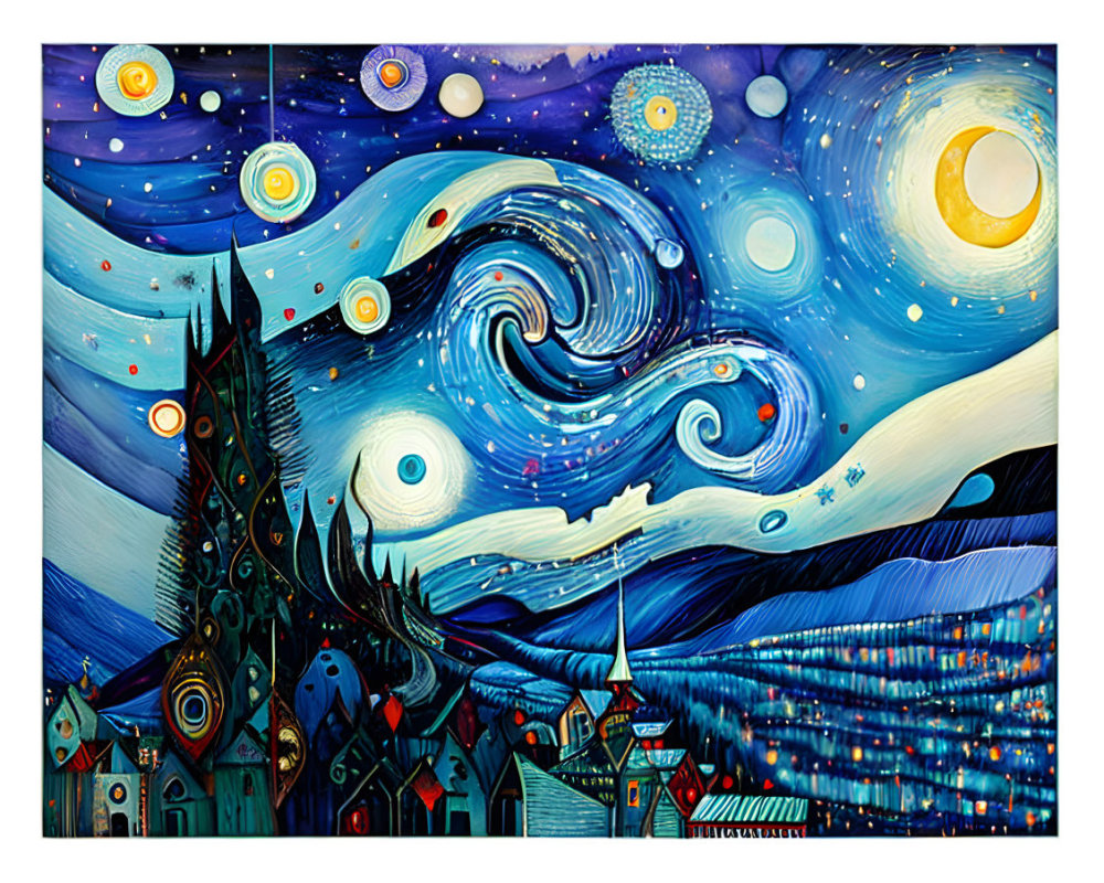 Stylized painting with swirling blue skies and colorful village