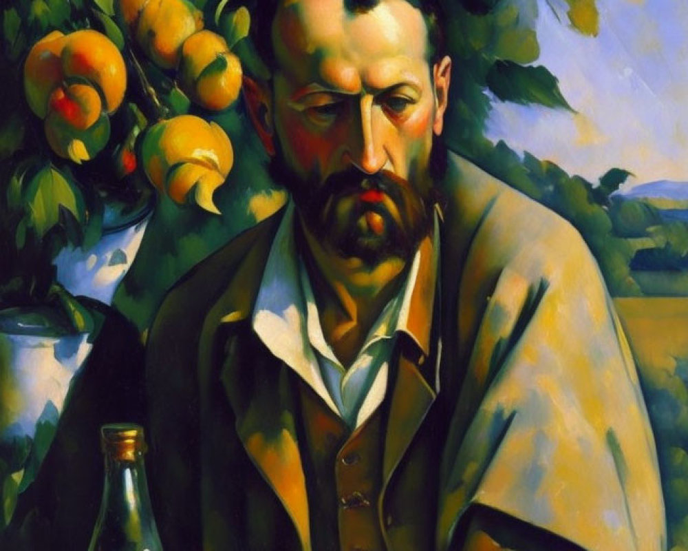 Portrait of a bearded man in beret with apples and bottle on table