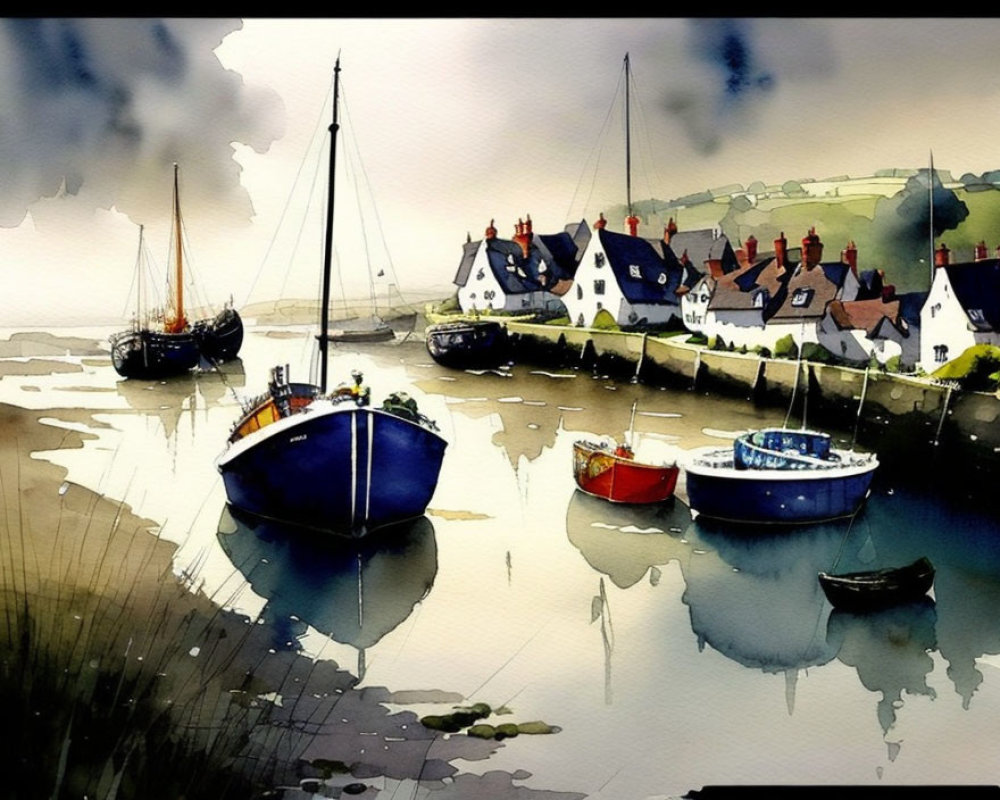 Tranquil watercolor painting of boats, houses, and cloudy sky