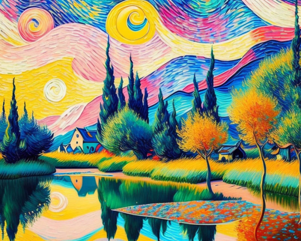 Colorful swirling skies, trees, lake, and sun in a vibrant painting