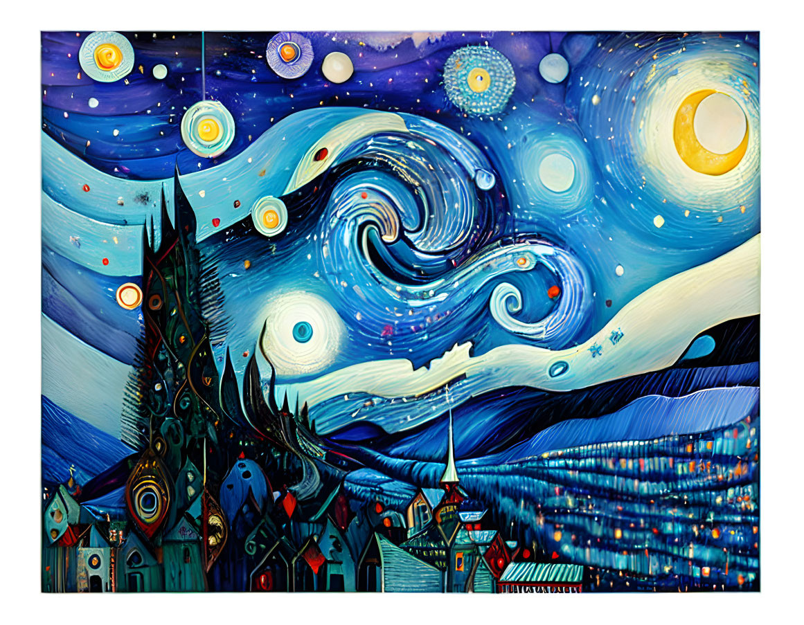 Stylized painting with swirling blue skies and colorful village