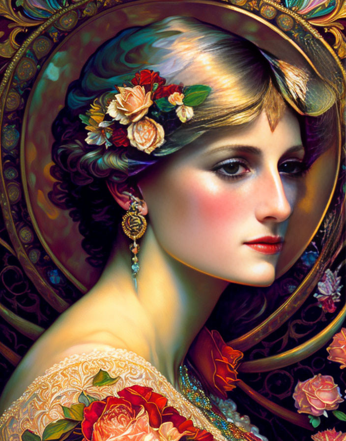 Woman with Floral Headpiece and Ornate Earring in Art Nouveau Style