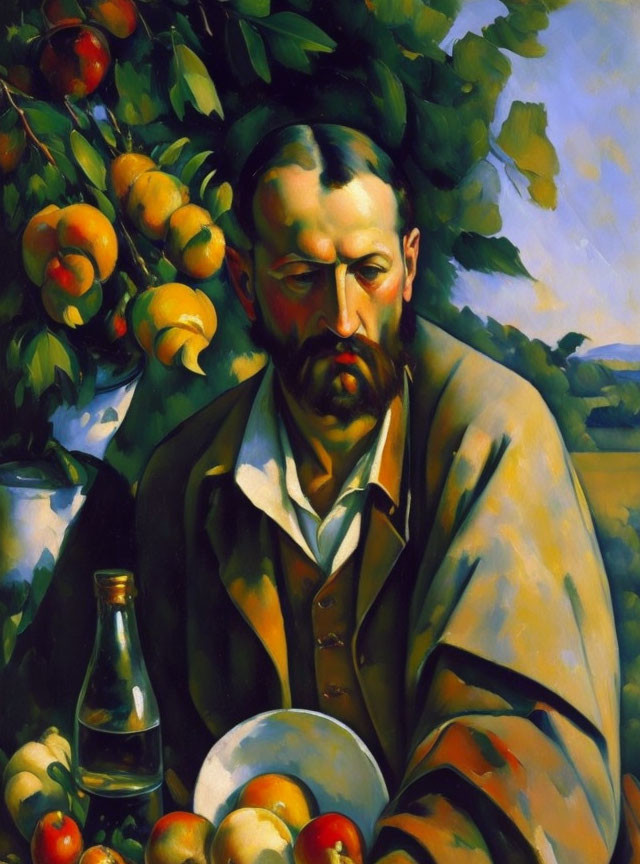 Portrait of a bearded man in beret with apples and bottle on table