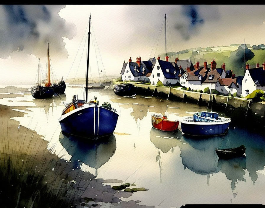 Tranquil watercolor painting of boats, houses, and cloudy sky