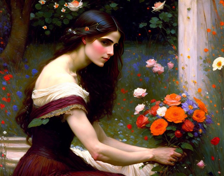 Woman in serene garden scene with flowers and butterflies.