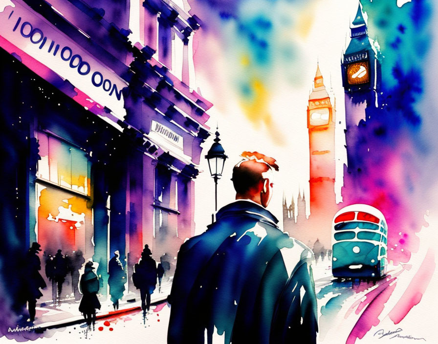 Colorful watercolor street scene with Big Ben, double-decker bus, and silhouetted