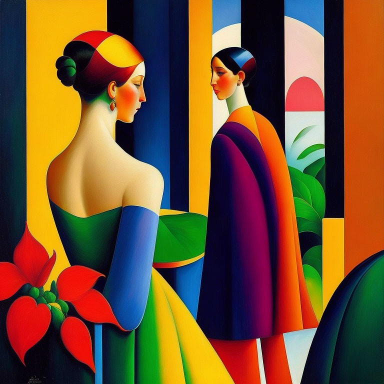 Stylized women in colorful dresses against vibrant geometric background