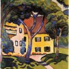 Vibrant Yellow Cottage Painting Surrounded by Nature