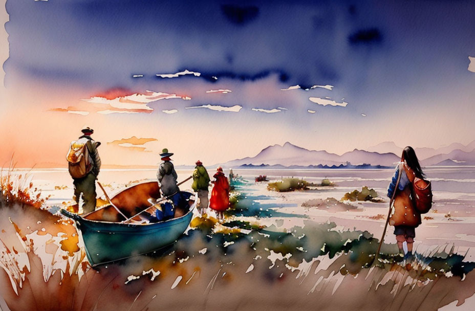 Four people and boat in scenic watercolor painting at dusk