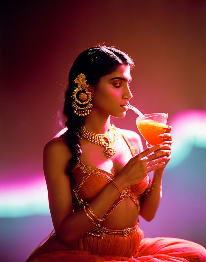 Traditional Indian Jewelry Adorned Woman Sipping Drink in Colorful Lighting