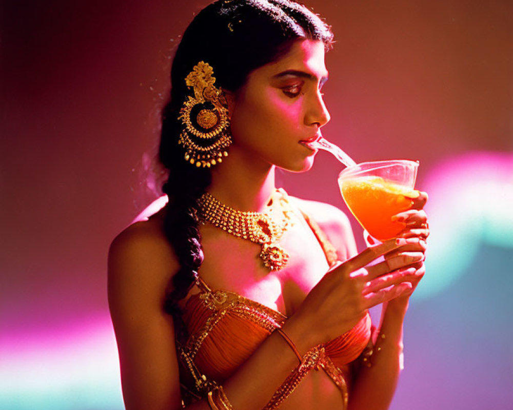 Traditional Indian Jewelry Adorned Woman Sipping Drink in Colorful Lighting