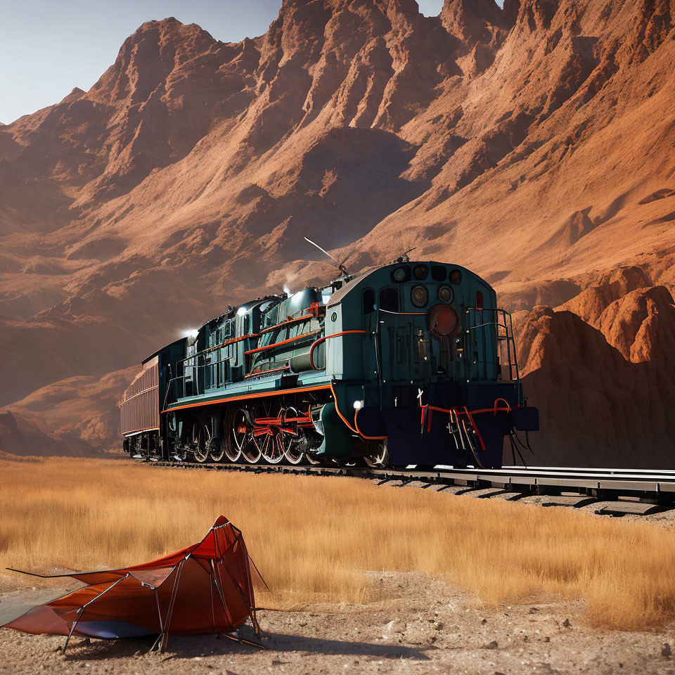 Vintage Steam Locomotive in Desert Landscape with Mountains and Abandoned Tent