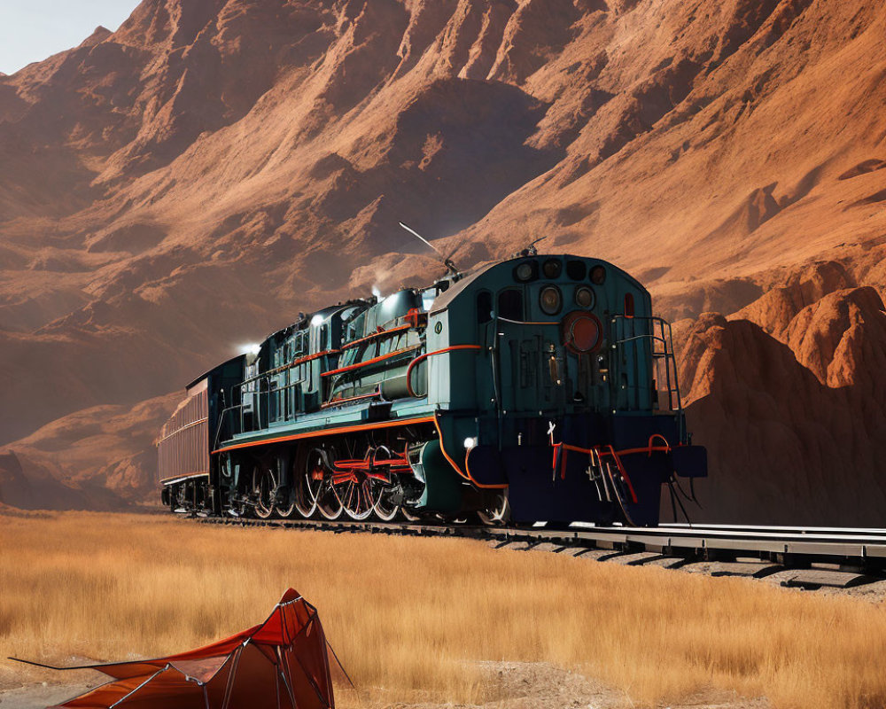 Vintage Steam Locomotive in Desert Landscape with Mountains and Abandoned Tent