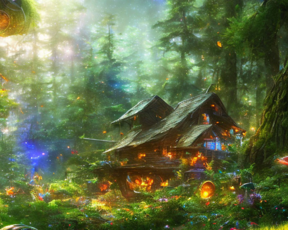 Enchanting forest scene with glowing starry sky and whimsical cottage