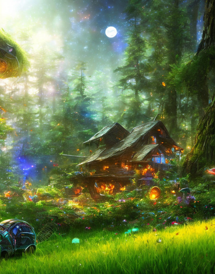 Enchanting forest scene with glowing starry sky and whimsical cottage