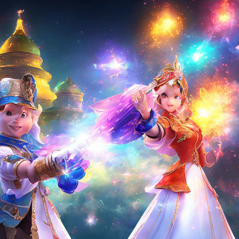 Ornate costume animated characters with magical powers in cosmic setting