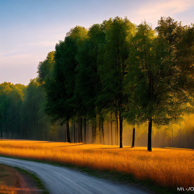 Tranquil sunrise scene with misty field and curving road