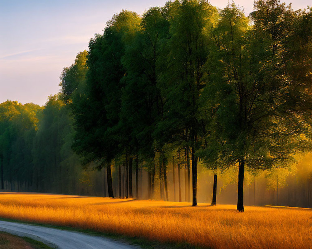 Tranquil sunrise scene with misty field and curving road