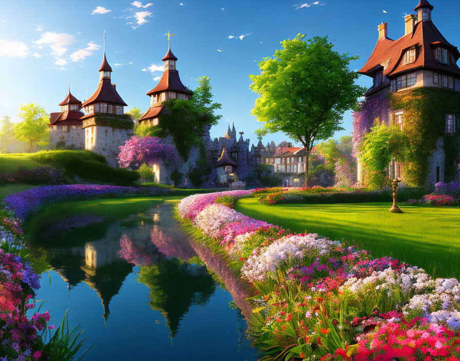 Grand castle in lush gardens with serene river