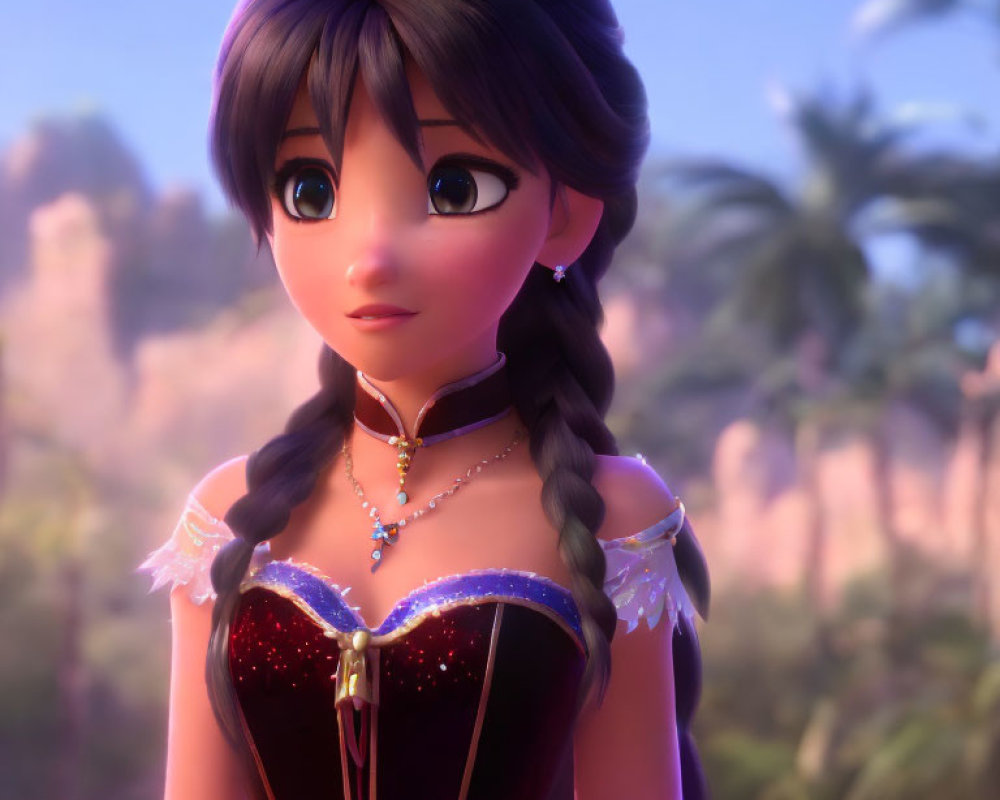 Long-haired 3D animated character in red dress against natural backdrop