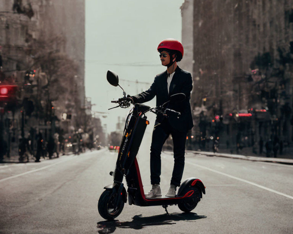 Person in Black Outfit on Electric Scooter in City Street