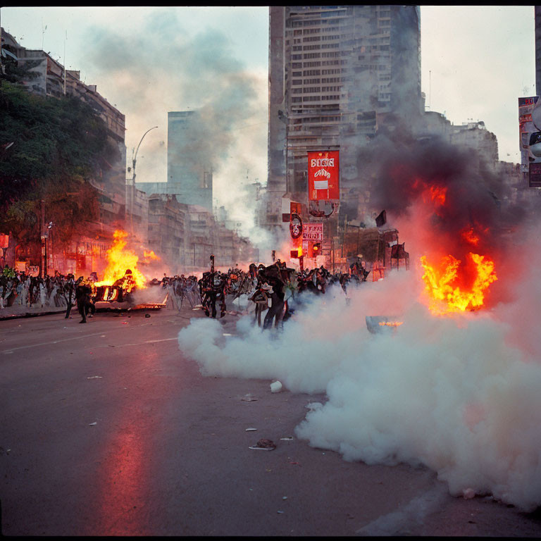 City Street Crowd with Fires and Smoke in Protest Scene