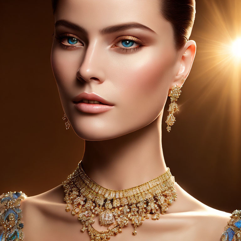 Woman with Striking Blue Eyes and Gold Jewelry Displaying Luxurious Necklace and Earrings