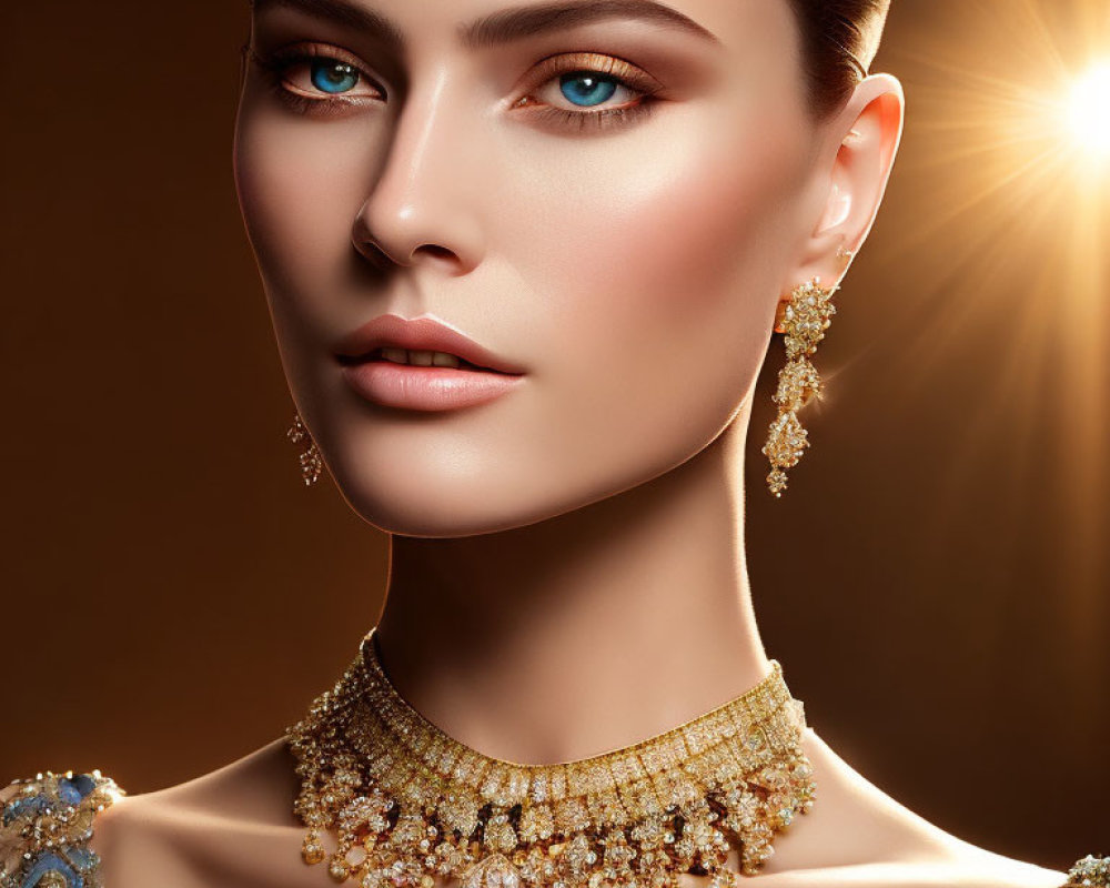 Woman with Striking Blue Eyes and Gold Jewelry Displaying Luxurious Necklace and Earrings