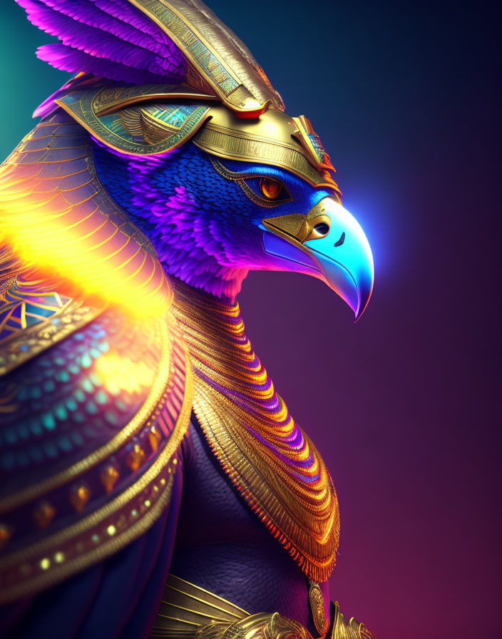 Vibrant anthropomorphic bird in golden Egyptian armor on colorful backdrop