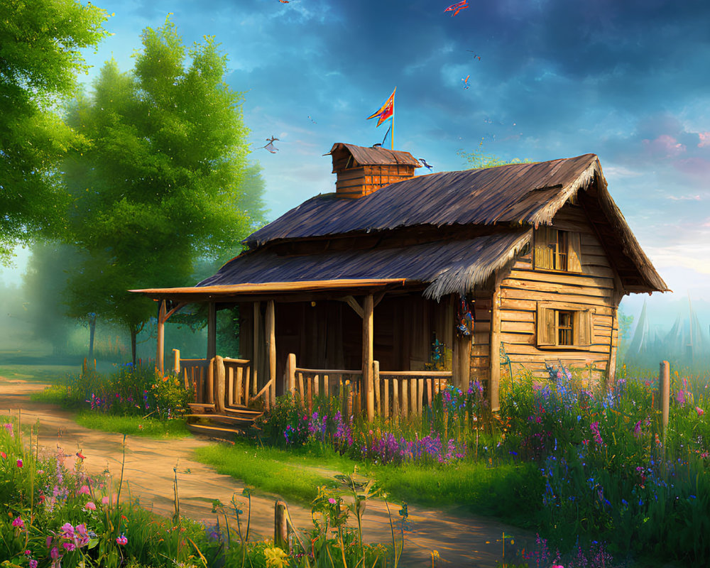 Charming wooden cottage in lush greenery with flag under sunlight