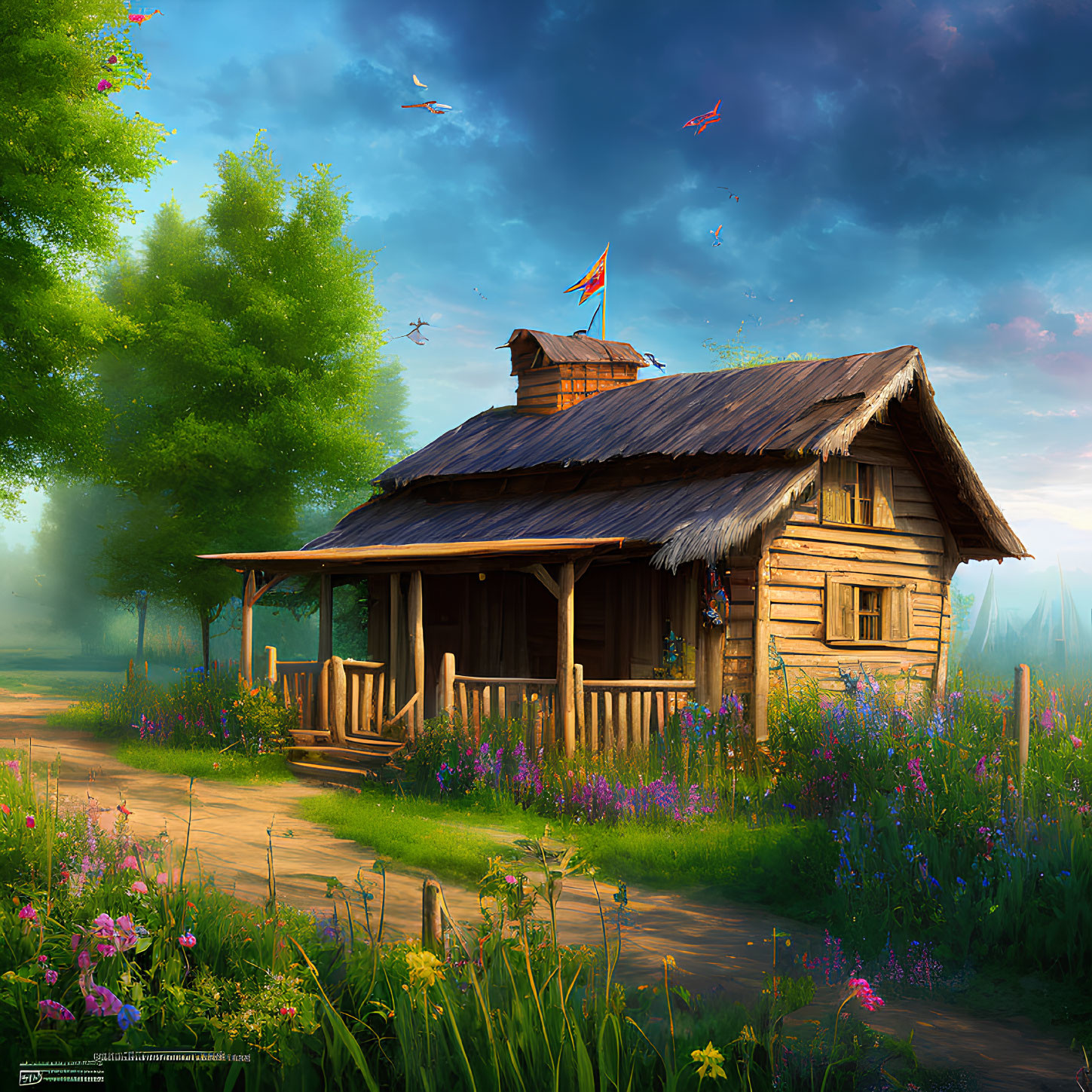 Charming wooden cottage in lush greenery with flag under sunlight