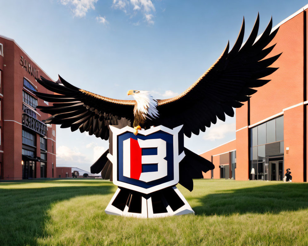 Large Eagle Sculpture Perched on Logo in Front of Building