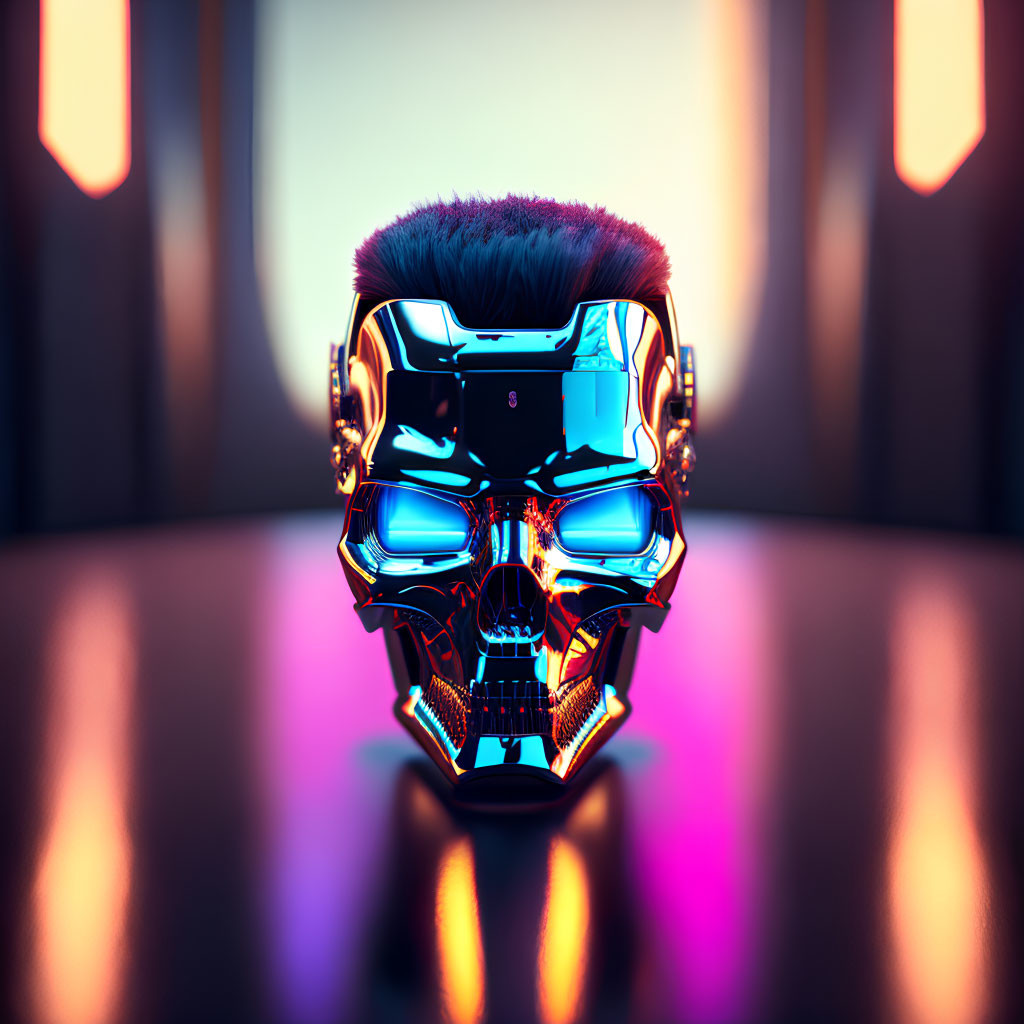 Glossy Cybernetic Skull with Neon-Lit Mohawk Hairstyle