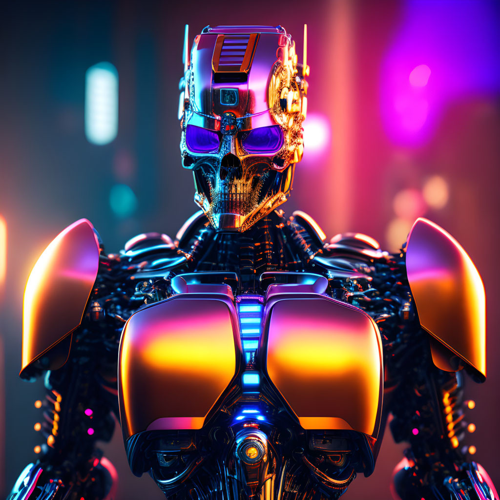 Detailed Human-Like Skull Robot on Vibrant Blue and Pink Background