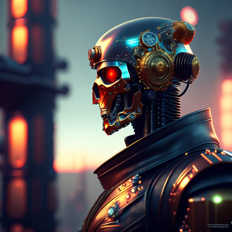 Detailed Robotic Head with Metallic Skull and Glowing Elements against Blurred Lights