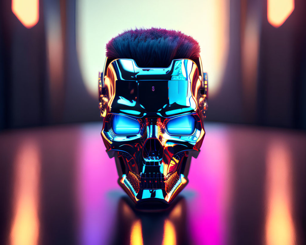 Glossy Cybernetic Skull with Neon-Lit Mohawk Hairstyle