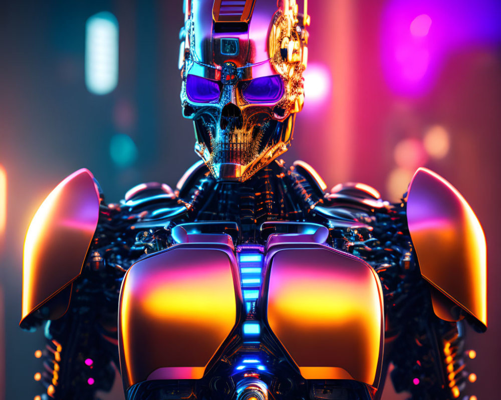 Detailed Human-Like Skull Robot on Vibrant Blue and Pink Background