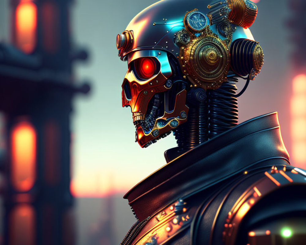 Detailed Robotic Head with Metallic Skull and Glowing Elements against Blurred Lights