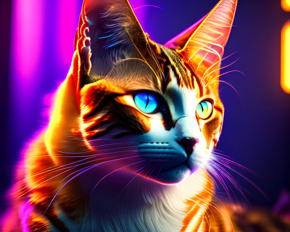 Vivid blue-eyed cat with orange fur and dynamic lighting effects