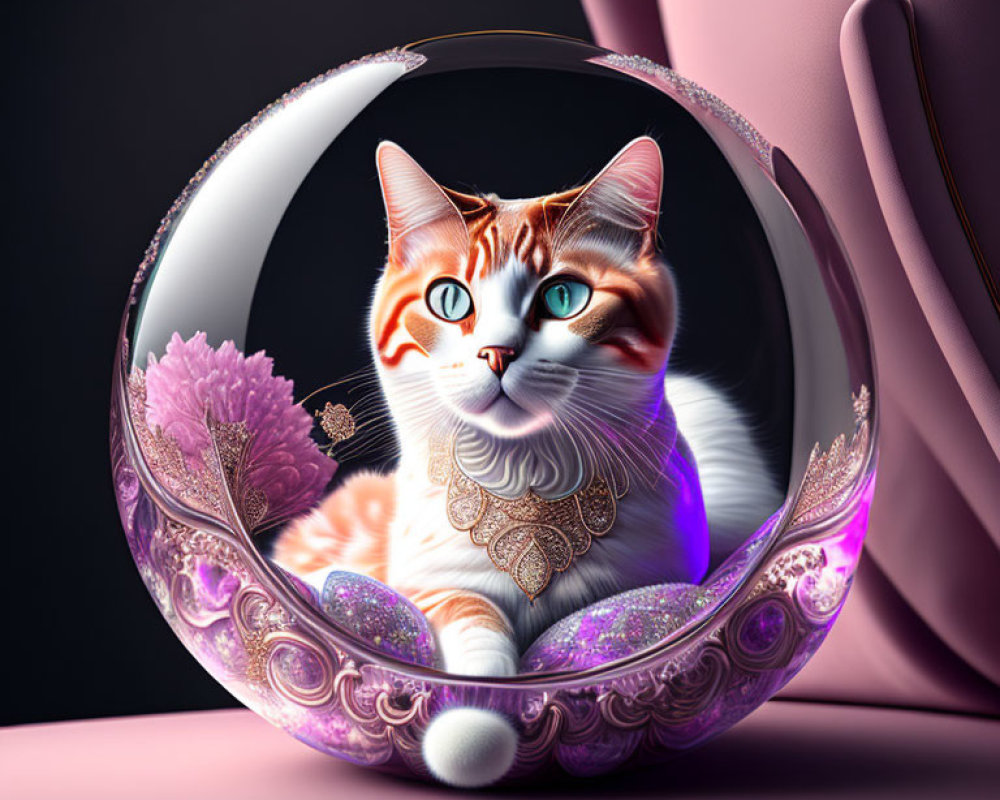 Digitally enhanced image of orange and white cat in decorative sphere on pink background