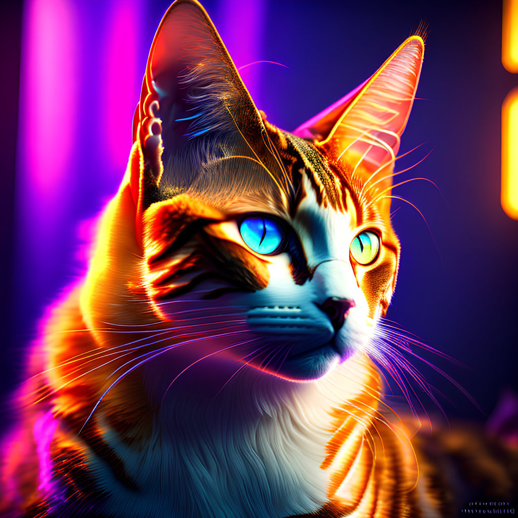 Vivid blue-eyed cat with orange fur and dynamic lighting effects