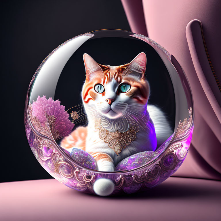 Digitally enhanced image of orange and white cat in decorative sphere on pink background