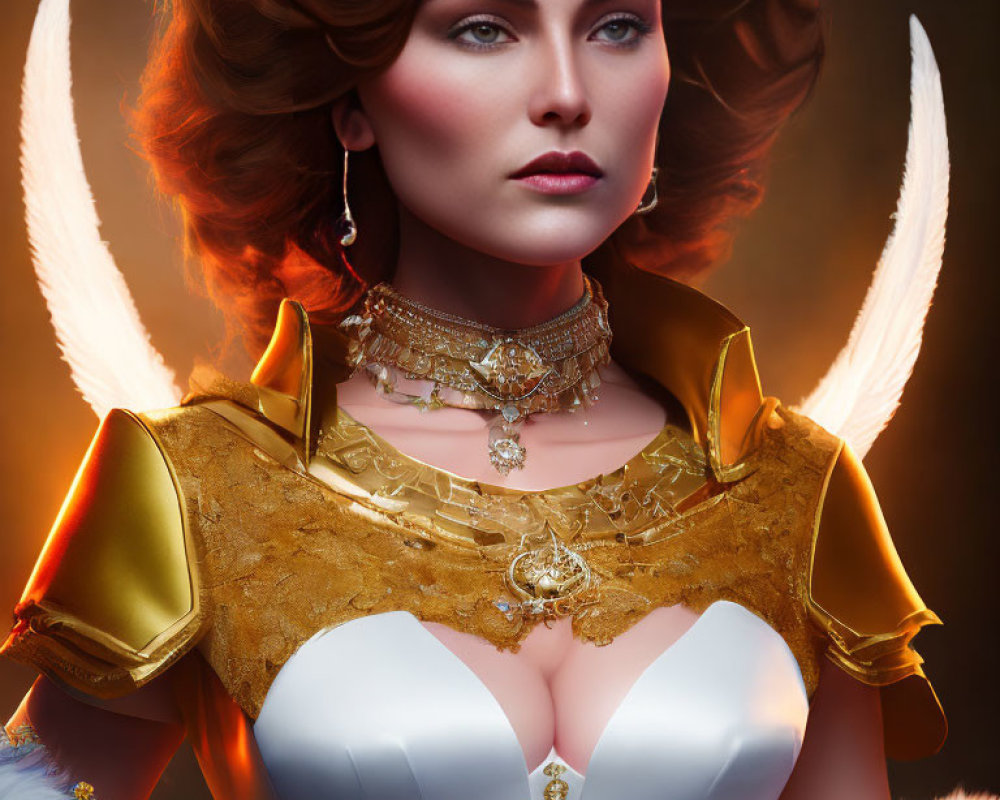 Digital Art Portrait: Woman with Fiery Red Hair, Glowing Wings, Golden Armor