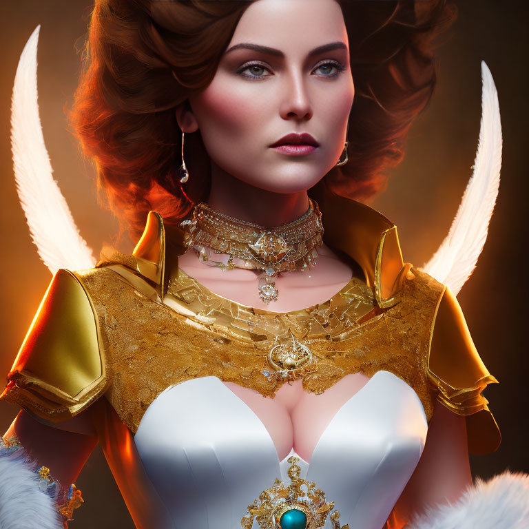 Digital Art Portrait: Woman with Fiery Red Hair, Glowing Wings, Golden Armor