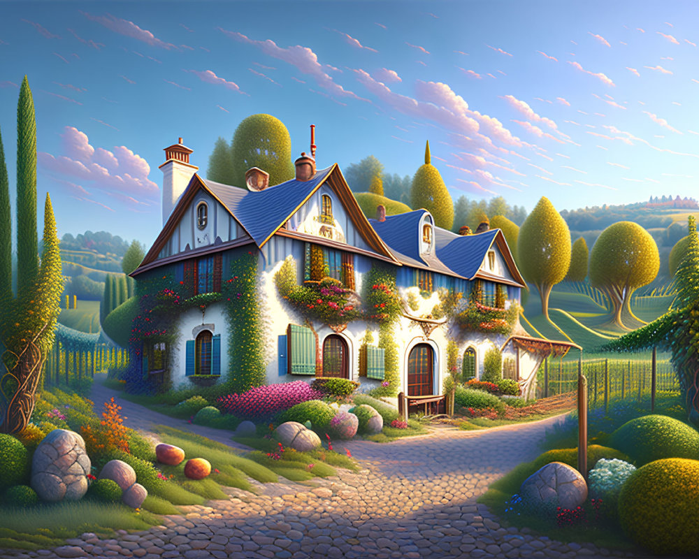 Tranquil countryside cottage with lush gardens and flowering vines