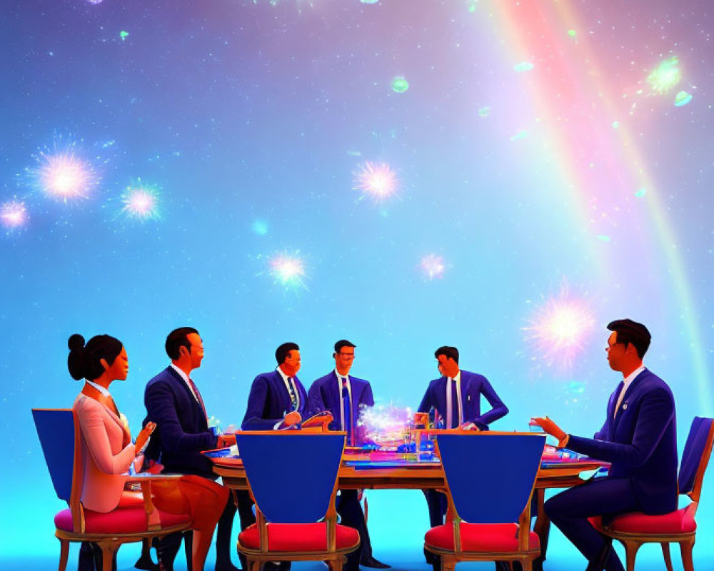 Animated businesspeople in cosmic-themed meeting setting