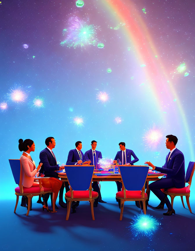 Animated businesspeople in cosmic-themed meeting setting