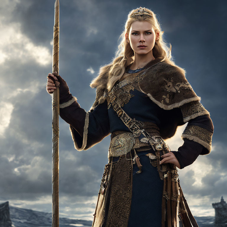 Blond warrior woman in fur and leather with spear under stormy sky