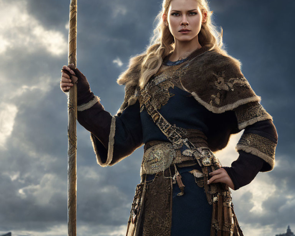 Blond warrior woman in fur and leather with spear under stormy sky