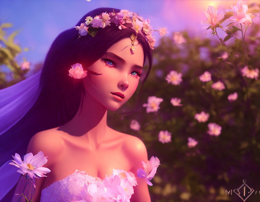 Whimsical Female Character with Floral Headdress in Pink Hues